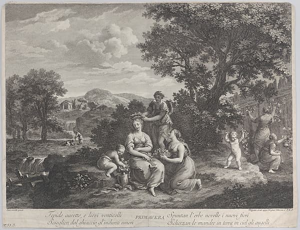 Primavera, a group of women collecting flowers and making crowns from them