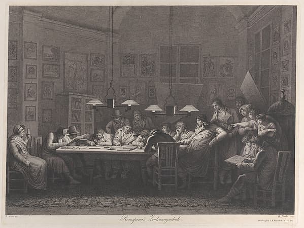 Rosaspina's drawing academy: class of students sketching seated around a table with Rosaspina at the end of the table with women and other spectators