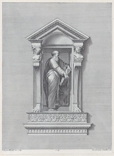 A standing man in a niche holding an open book