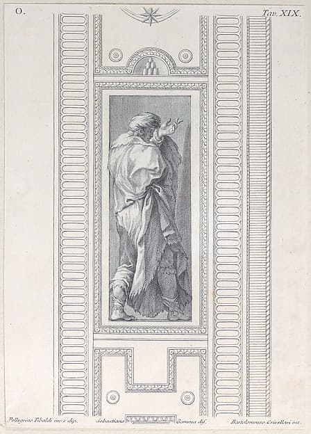 Plate 19: figure seen from behind with left hand raised