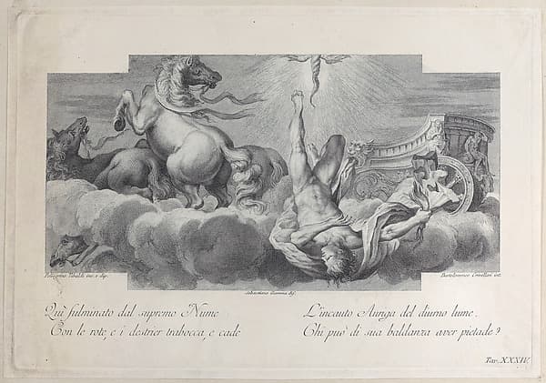 Plate 34: Auriga, the charioteer, falls from the chariot at center, with three horses at left