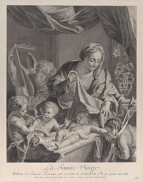 The Virgin holding a cloth above the sleeping Christ child, with musical angels and the infant Saint John the Baptist