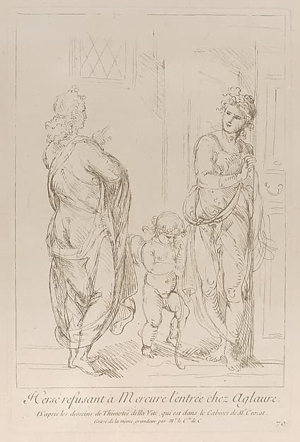 Aglauros preventing Mercury to enter Herse's room, with Cupid at center