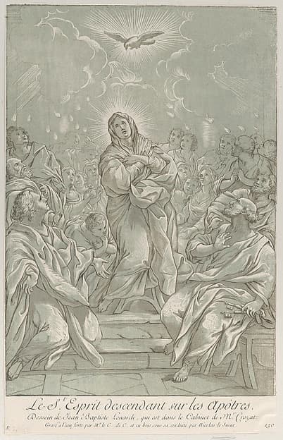 The Pentecost, with the Virgin standing at center, the Holy Spirit above, and Apostles on both sides