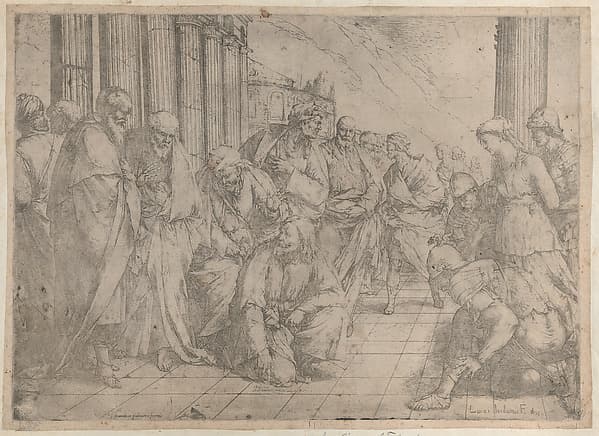 Christ kneels and writes on the pavement at center, while the woman taken in adultery stands between three soldiers at right
