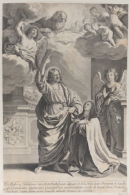 Saint Theresa praying alongside Christ, who points upwards to God the Father and the Holy Spirit
