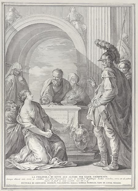 Jephthah's daughter kneeling by the sacrificial altar, with her father standing at right