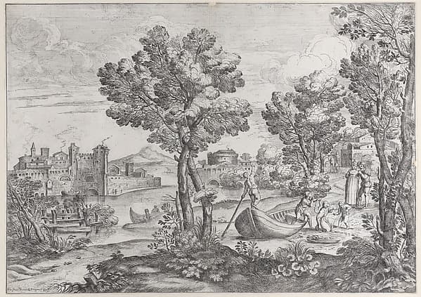 Landscape with a man holding a snake to a terrified child, watched by a fashionably dressed couple on the riverbank at right