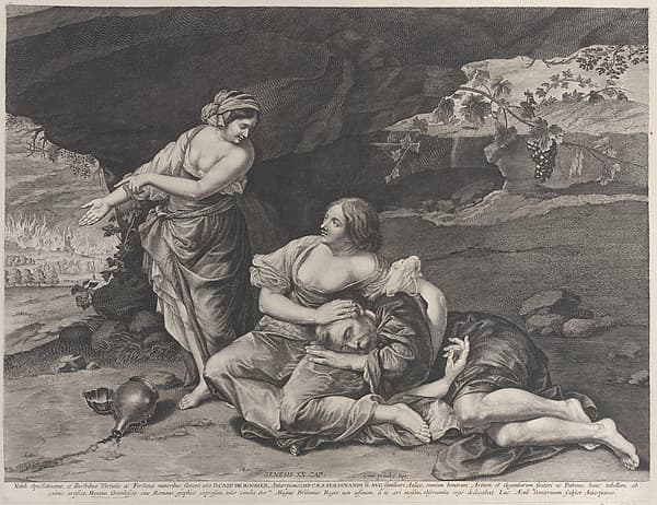 The drunkenness of Lot, who is asleep on his daughter's lap at center, while his other daughter points towards the burning city of Sodom at left