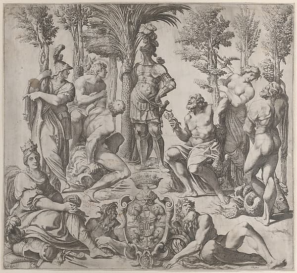 Allegorical composition with six Olympian gods gathered around a figure in armor