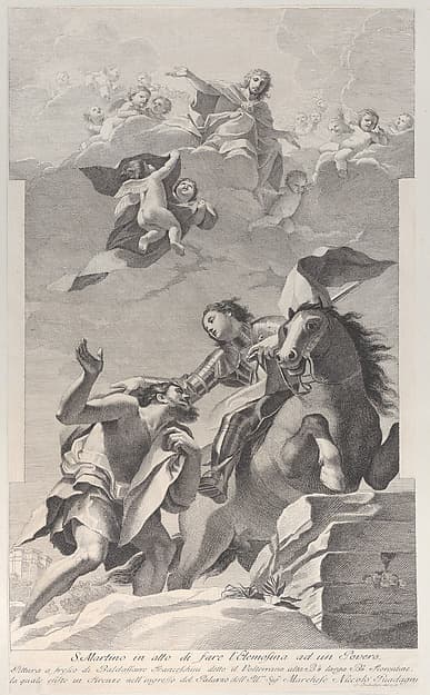 Saint Martin, on horseback, giving his cloak to a beggar, angels overhead