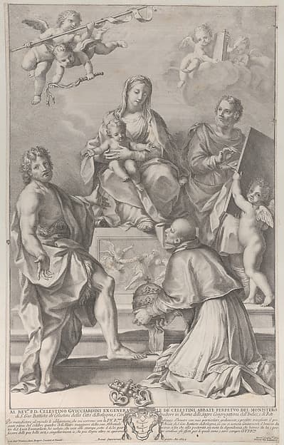 Madonna and Child at center with Saint John the Baptist, Saint Luke, Pope Peter Celestini, and angels