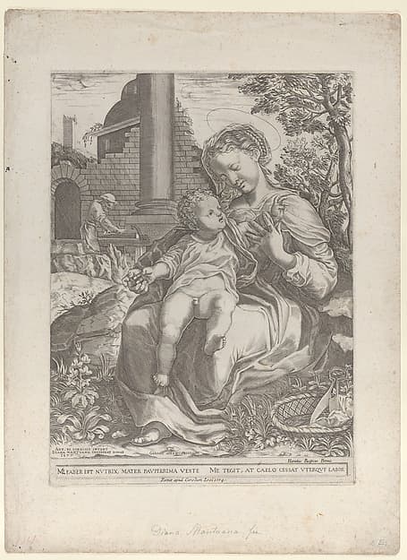 The Holy Family in Egypt, with Joseph as a carpenter in the background at left
