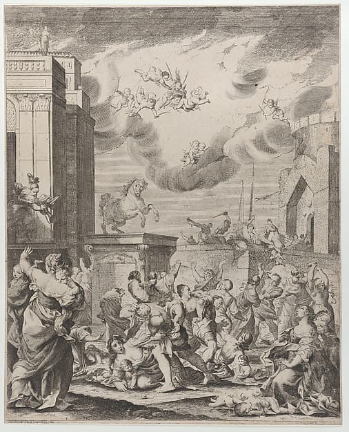 The massacre of the innocents set against a townscape