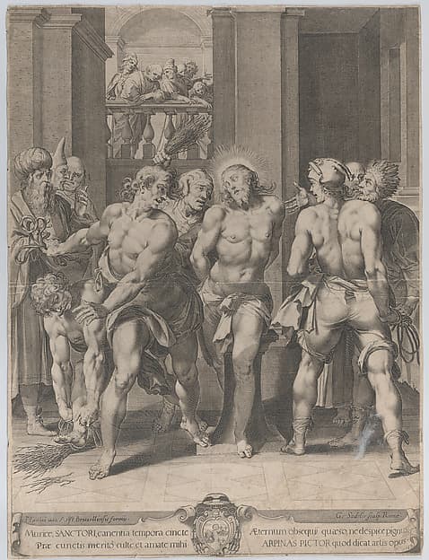 The Flagellation of Christ, with floggers on either side and figures watching from a balcony above in the background