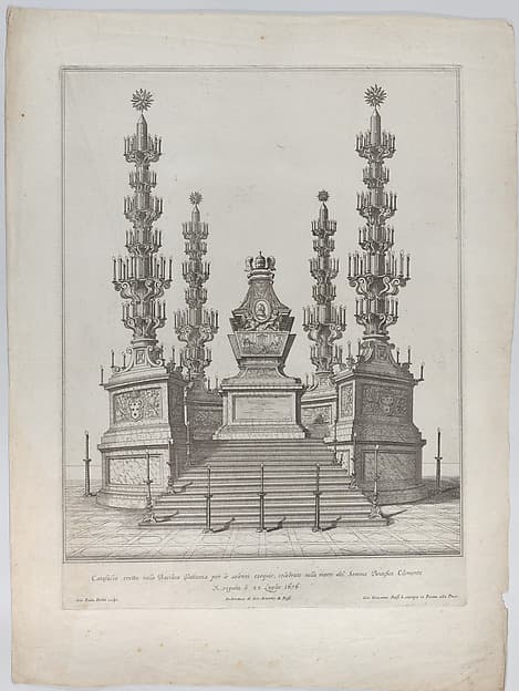 Catafalque for Pope Clement X: a central structure raised on a 15 stepped platform, with columns surmounted by elaborate candelabra at each corner