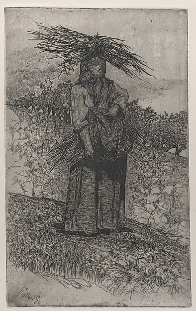 Peasant woman gathering sticks