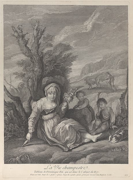 A country woman sitting in landscape with two boys at her side