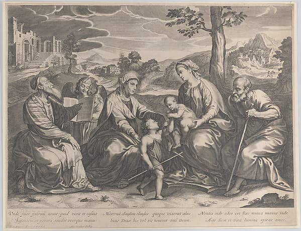 The Holy Family at right, with the infant Saint John the Baptist, Elizabeth, Zacharias, and an angel at left