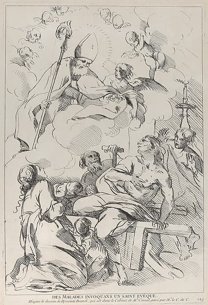 Sick people summoning a Bishop saint, who appears at upper left