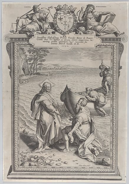 Christ calling Saint Andrew, who kneels before him on a beach, and Saint Peter, who climbs out of a boat at right