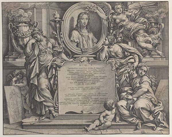Frontispiece with oval portrait of Raphael, with three allegorical figures of the Arts supporting the tablet at center