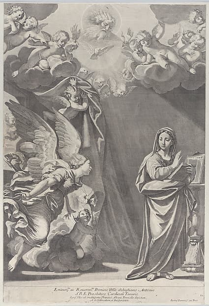 The Annunciation, with Gabriel and other angels at left and God the Father above