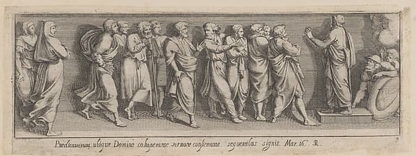 Plate 9: Joshua, standing at right, speaks to the people of Israel, after a lost fresco in the basamento of Bay 10 of the Vatican Loggia