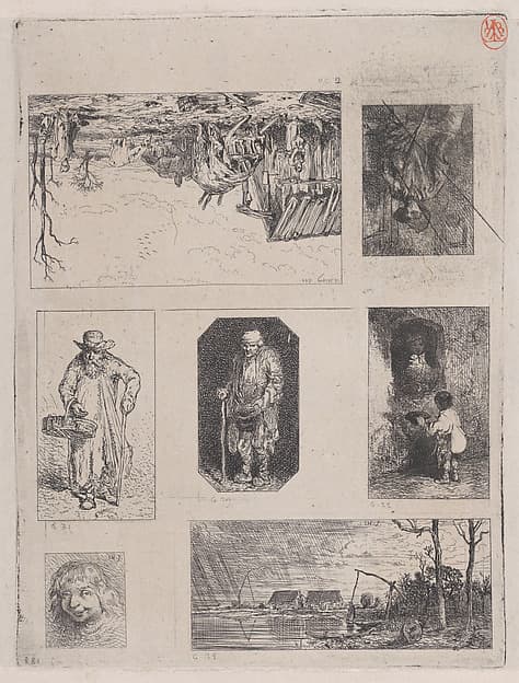 Farmyard Landscape (a), Seated Peasant (b), Beggar (c), Beggar (d), Little Beggar (e), Head of a Breton (f), and Fishing Landscape (g)