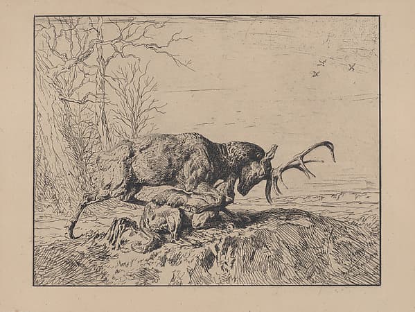 Stag Fighting a Wolf, after Antoine Louis Barye