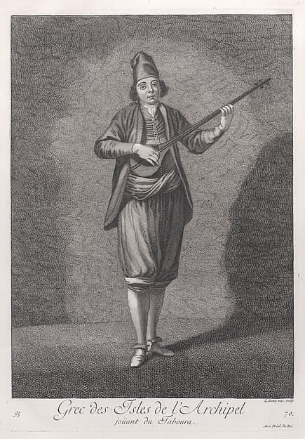 Grec des Isles de l'Archipel, joüant du Taboura, plate 70 from "Recueil de cent estampes représentent differentes nations du Levant"