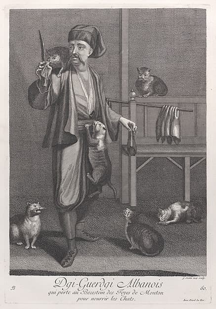 Dgi-Guerdgi Albanois, qui porte au Bezestein des Foyes de Mouton pour nourrir les Chats, plate 60 from "Recueil de cent estampes représentent differentes nations du Levant"
