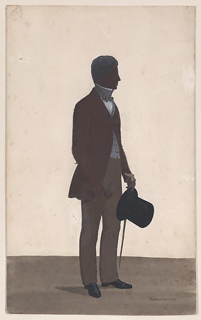 A young man, standing; full length silhouette, profile to right