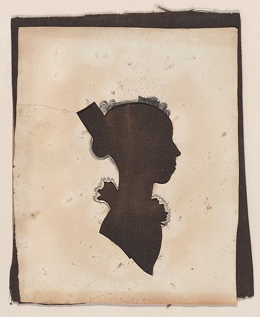 Silhouette of an unknown young woman, to right