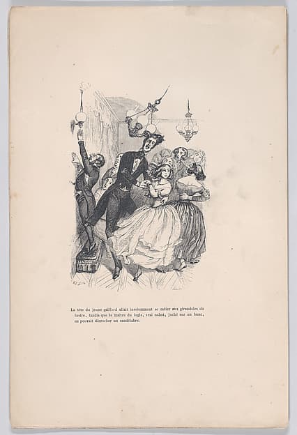 "The head of the young fellow insolently mingled with the candlesticks of the chandelier." from the Little Miseries of Human Life
