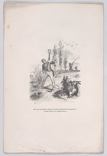 "As the last grains of powder fall into the palm of his blackened hand, a superb hare..." from the Little Miseries of Human Life