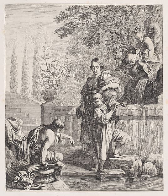 Standing Woman with a Child near a Fountain