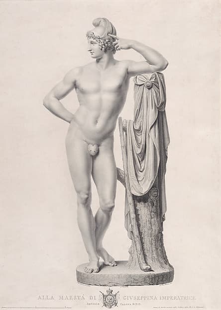 Paris leaning on tree stump, frontal view, from "Oeuvre de Canova: Recueil de Statues..."