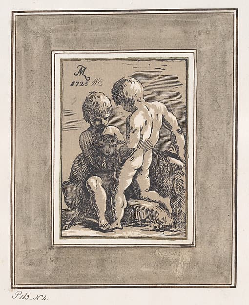 Two Children Playing with a Lamb