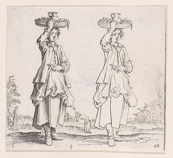 La Paysanne Vue de Face, Tenant un Panier sur sa Tête (The Peasant Woman Viewed from the Front with a Basket on her Head), from Varie Figure (Various Figures), plate 12