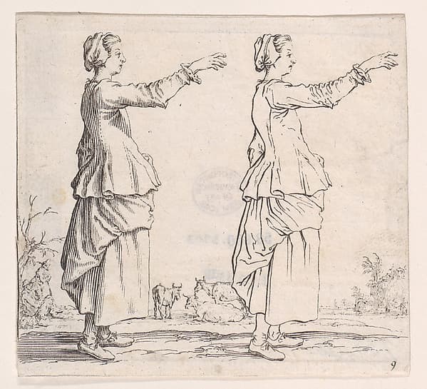 La Paysanne Torunée a Droite, la Main Tendue en Avant (The Peasant Woman Turned to the Right, her Hand Extended Forward), from Varie Figure (Various Figures), plate 9