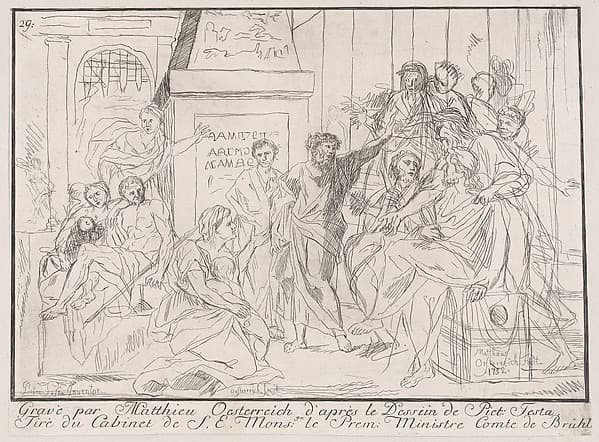 Classical scene of figures gathered around an orator at right (possibly related to healing the lame)