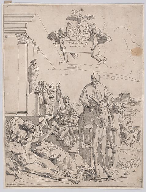 An allegory with Innocent X who is seated on horsback on the right, figures represting Rome in the lowe left