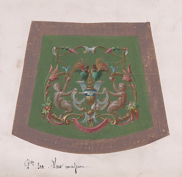 Design for a Chair Seat Cover with a Classical-Inspired Vase with Two Handles, Two Exotic Birds and Two Half-Human Grotesque Figures Inside an Ornamental Frame with Two Cornucopias Holding Bundles of Leaves and Fruits and Decorated Scrolls of Leaves and Flowers