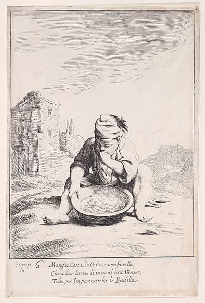 Plate 20: Cacasenno eating a bowl of pasta, from "Bertoldo, Bertoldino, and Cacasenno"