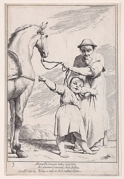 Plate 17: Marcolfa shows Cacasenno a horse, from "Bertoldo, Bertoldino, and Cacasenno"