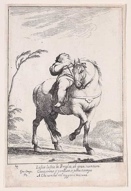 Plate 18: Cacasenno on horseback, from "Bertoldo, Bertoldino, and Cacasenno"