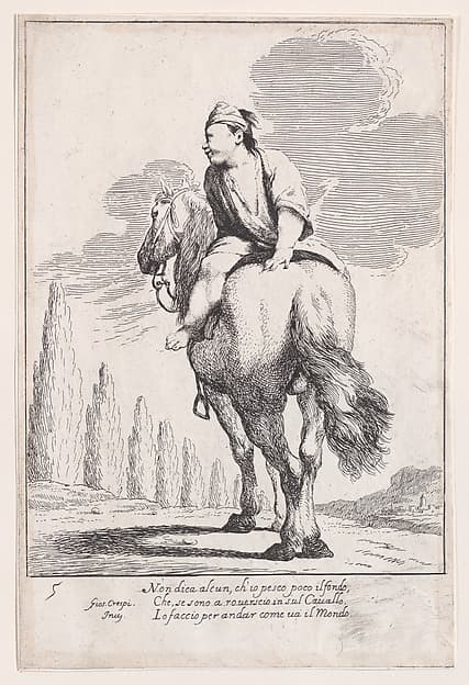 Plate 19: Cacasenno riding a horse backwards, from "Bertoldo, Bertoldino, and Cacasenno"