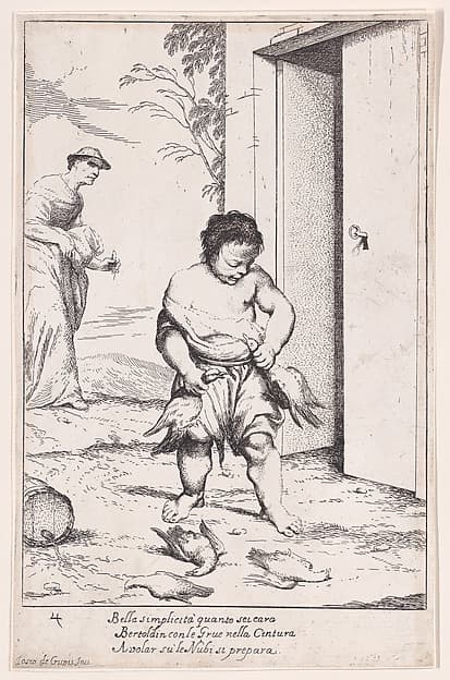 Plate 10: Bertoldino fastening geese to his belt, from "Bertoldo, Bertoldino, and Cacasenno"