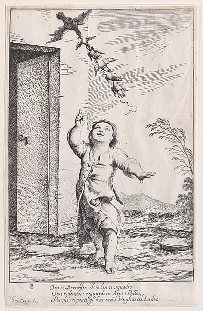 Plate 13: Bertoldino with birds carried off by a kite, from "Bertoldo, Bertoldino, and Cacasenno"